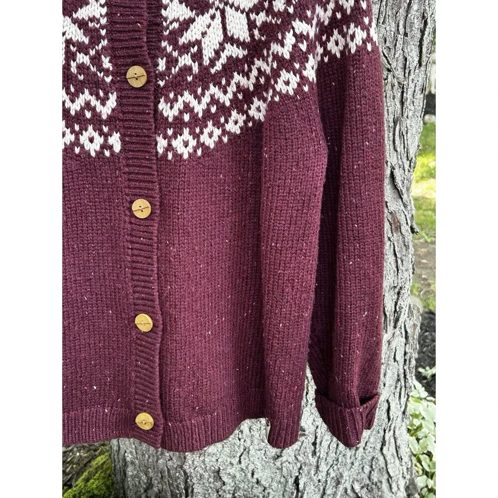 Woolrich Cardigan Sweater Size Large Fair Isle Nordic Wool Blend Maroon Snow